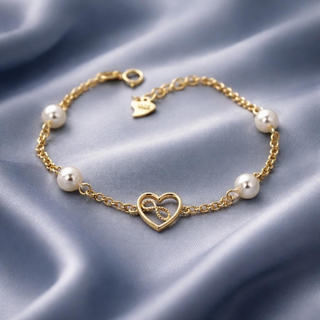Pulsera Infantil Plata de Ley 925 Chapada en Oro con Corazón Infinito y Perlas Cultivadas, Primera Comunión, 16cm + 2cm Ajustable