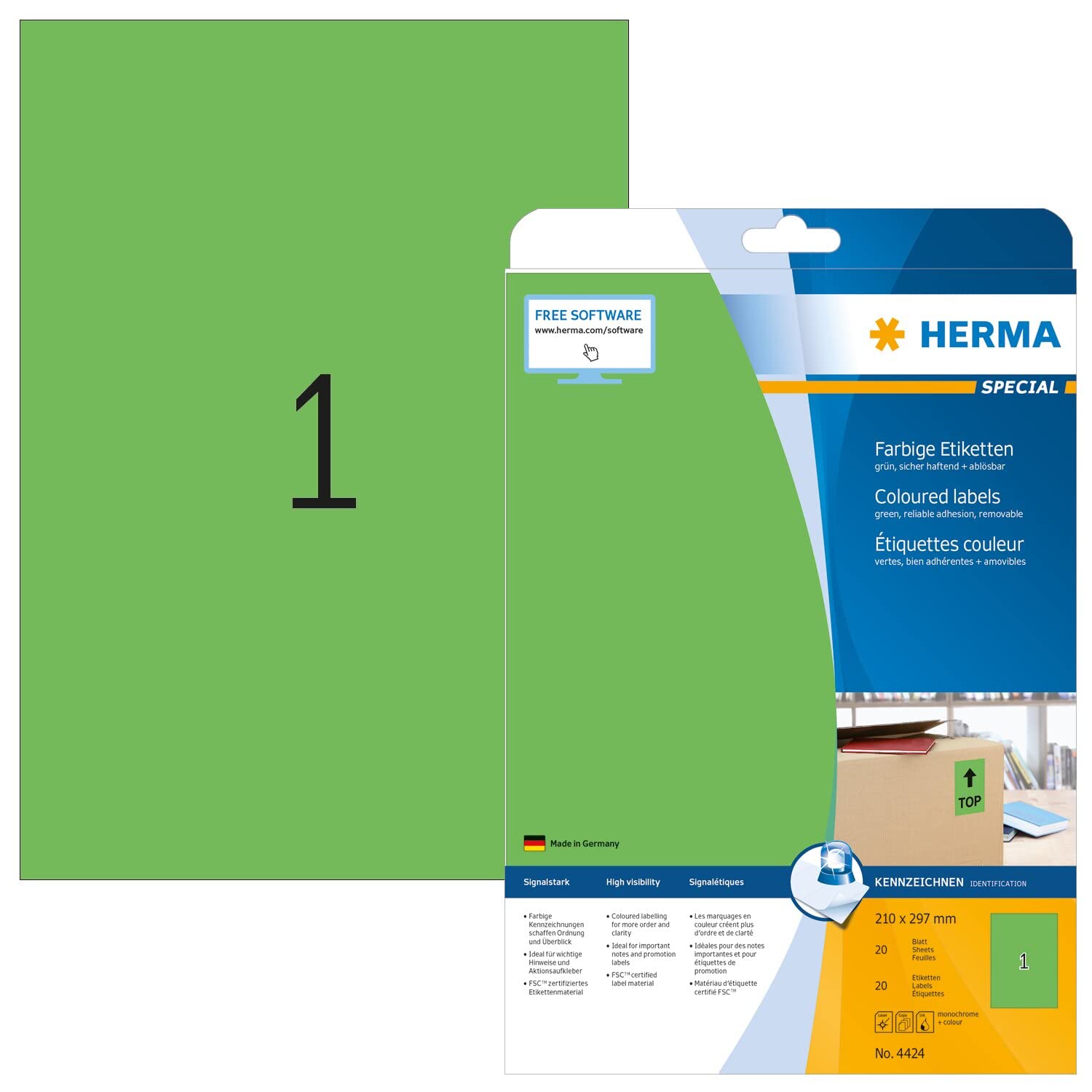 HERMA Self Adhesive Removalbe Coloured Labels, 1 Label Per A4 Sheet, 20 Labels for Printers, Green, 210 x 297 mm (4424)