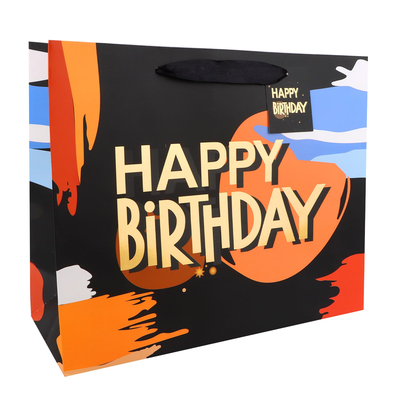 Exipsat Geschenktüte Groß Papiertüten, Happy Birthday Geschenktüten Kindergeburtstag Verpackungstüten, Schwarz-Gold Party Geburtstag Papiertüte mit Karte