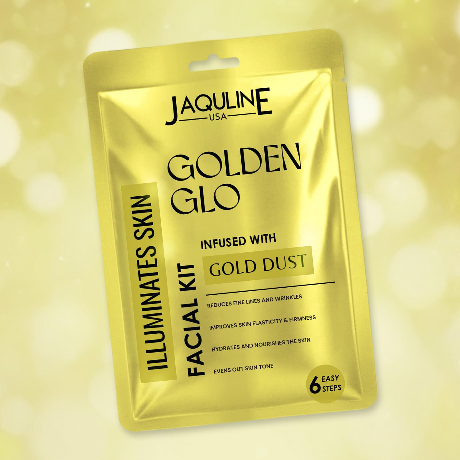 JAQUILINE USA Golden GLO Gold Dust Facial Kit | Enriched with Gold Dust & Aloevera | Brightening & Anti-Ageing Skincare | Evens Skin Tone & Boosts Radiance | For Men & Women , 32g