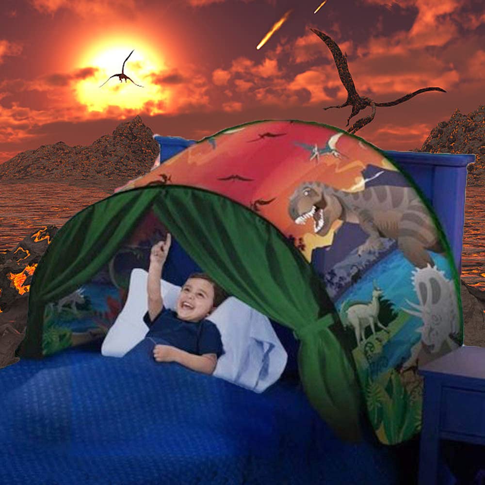 Edenshow Dream Bed Tents for Boys Girls, Foldable Pop up Kids Over Bed Tents Fantasy Fun for Children, Bedroom Privacy Kids Single Tent Birthday (Dinosaur)