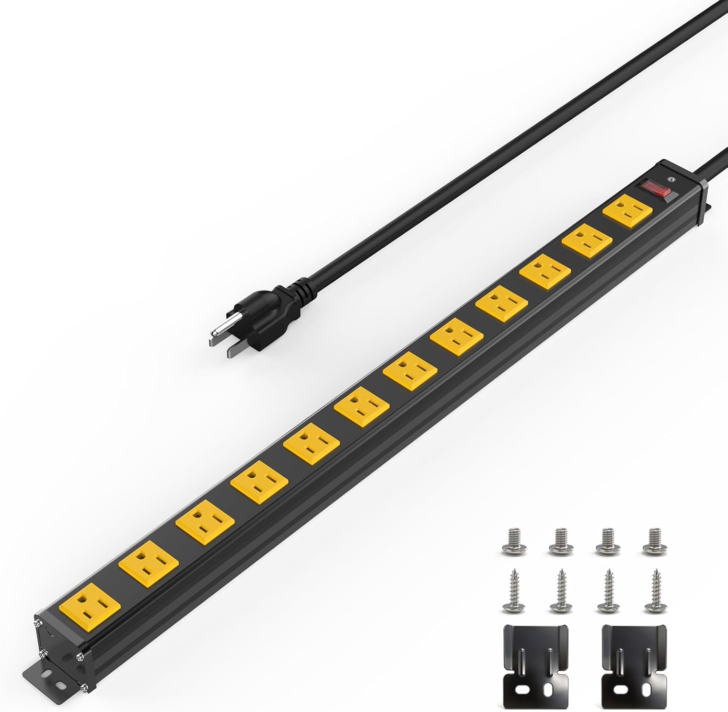 Power Strip 12 Outlet, Wide Spaced Metal Heavy Duty Wall Mount, 14AWG 6FT Cord with Switch, 15A/1875W ETL Listed for Workshop Garage Power Tools Home Entertainment