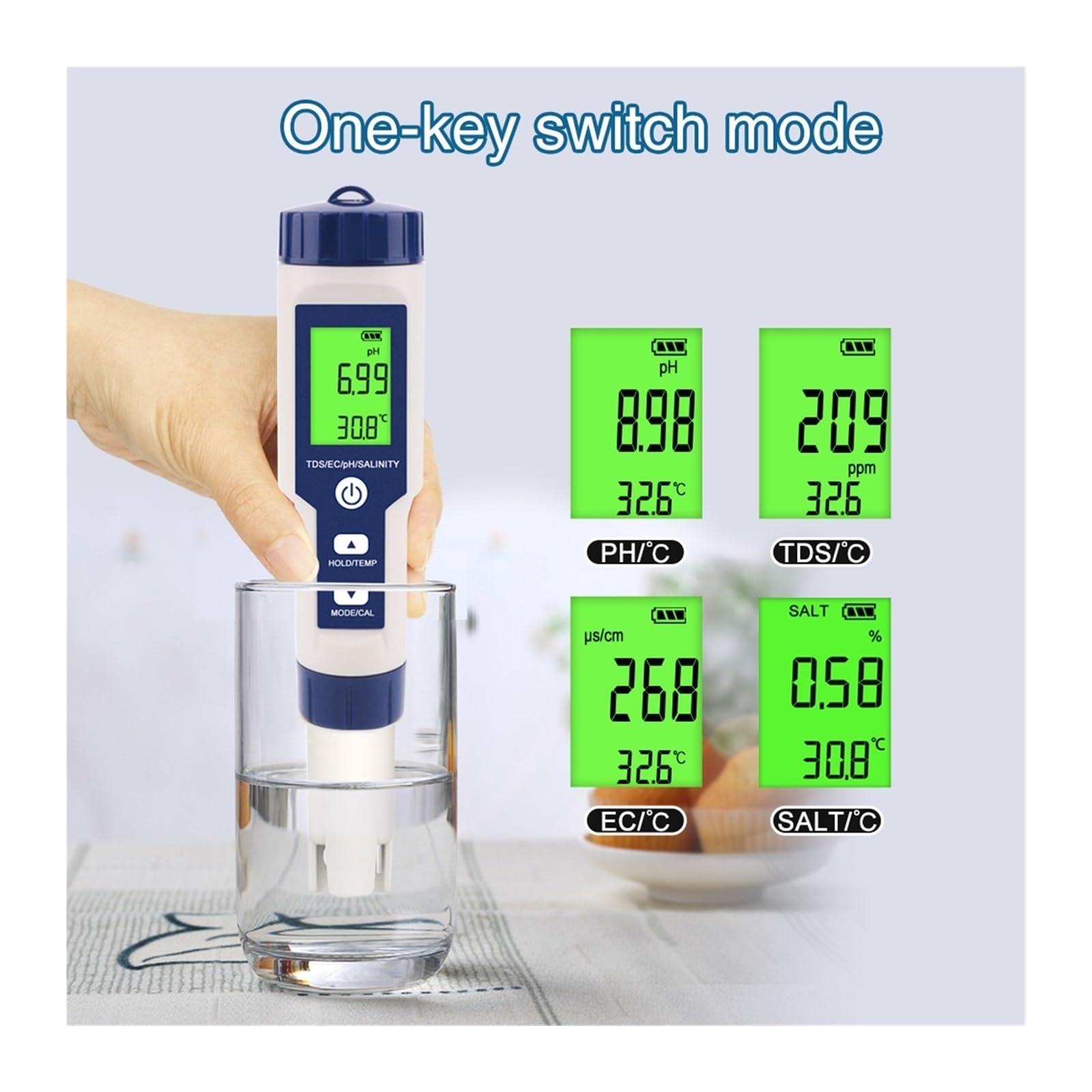 Kit per l'analisi dell'Acqua, Tester di qualità Acqua 5 in 1 LCD Digitale PH/TDS/EC/Sale/Temp Misuratore Ez 9909 Monitor for Piscine Acqua Potabile Acquari