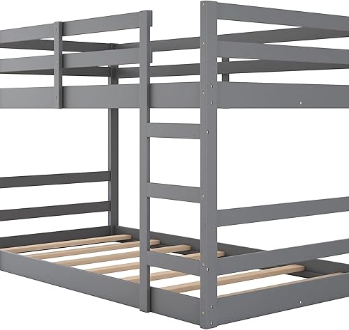Miniatura 7 de Harper & Bright Designs Litera individual sobre individual para niños, litera baja con escalera y barandillas de seguridad, marco de litera de gris