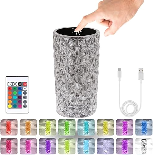 Lámpara de mesa de cristal, luz nocturna que cambia de color RGB con control táctil y remoto, lámpara de noche acrílica recargable por USB con