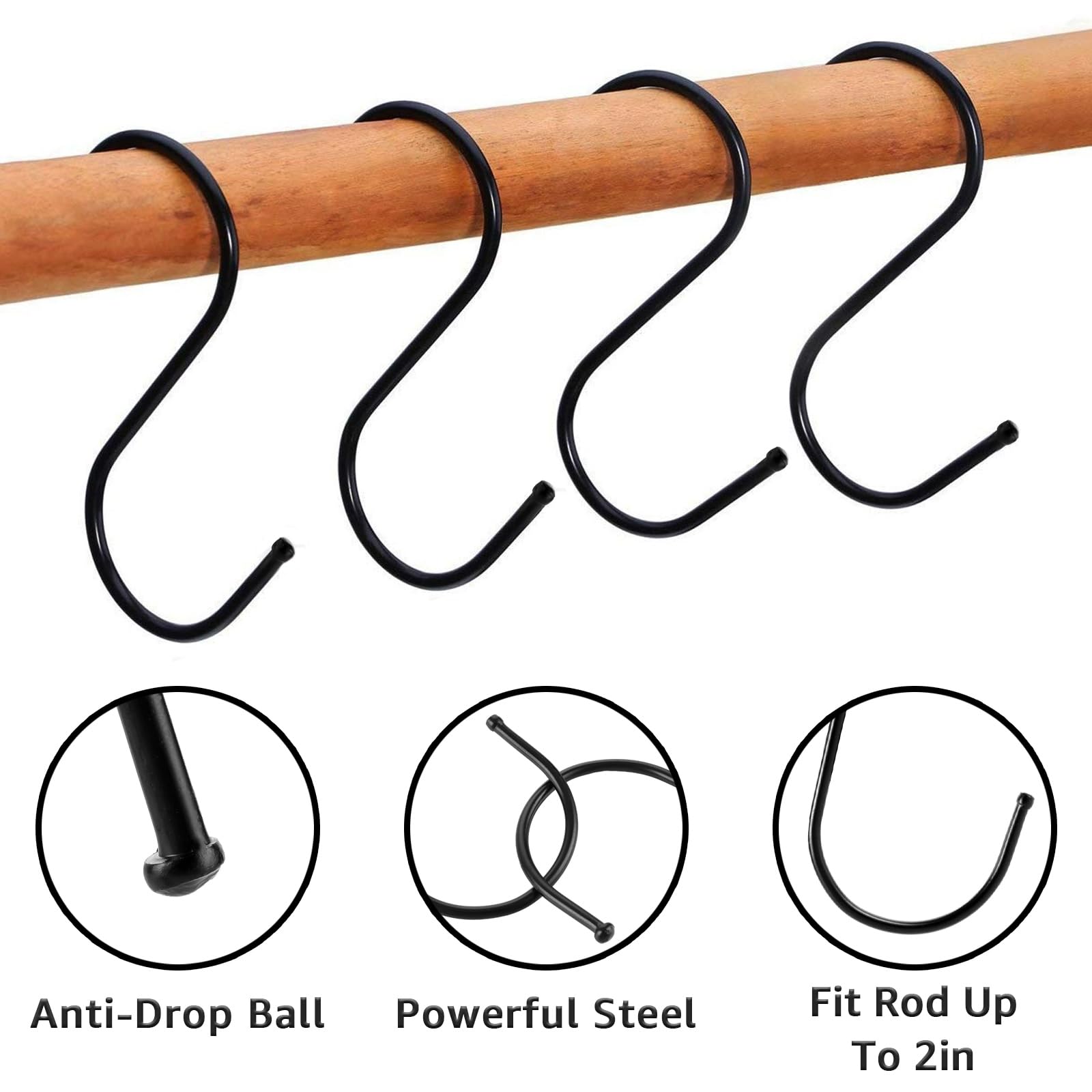 AKOLAFE 100 Stück 12,7 cm schwarze S-Haken zum Aufhängen, robuste Metall-S-Haken, Edelstahl, große S-förmige Haken, S-Ringe, Haken für Jeans, Schrank, Stange, Pflanzen, Topfregal, Pfannen,