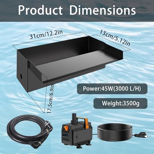 Teich Wasserfall für Gartenteich, 20cm Edelstahl Teichwasserfall Set Garten Teich Brunnen 304 Edelstahl 35W (2000 L/H) mit Wasserfall Deko Garten Teich Wasserspiel Patio Terrasse Außenteich (31CM)