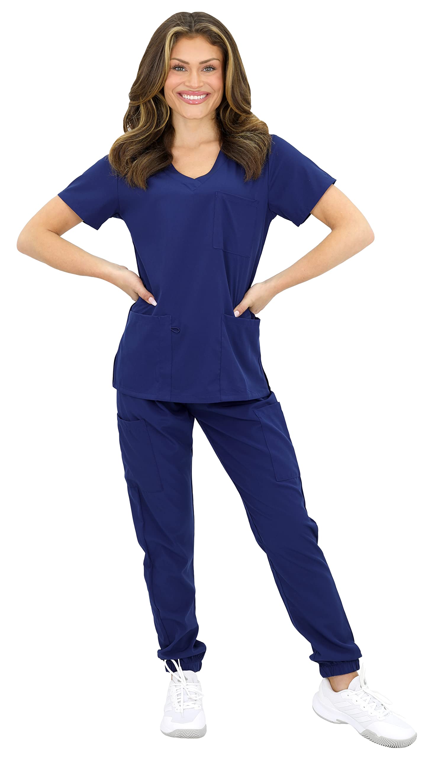 Green TownGreen Town Women's Medical Scrub Top and Jogger Pant Set Slim Fit Athletic 4-Flex Stretch Uniform, Indigo/Navy, Medium