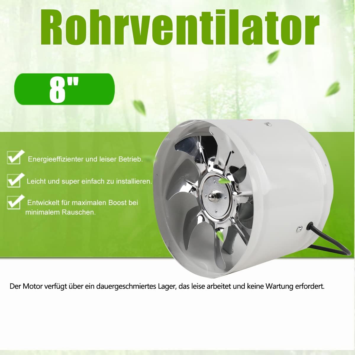 Ventilatore a tubo, 8", in ingresso/scarico, 200 mm, per bagno, cucina, bianco