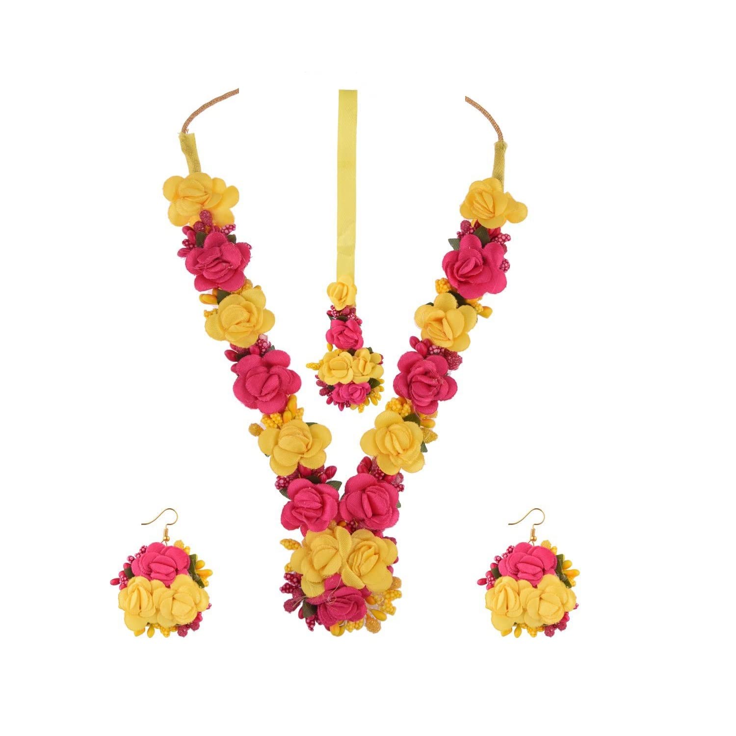 EfulgenzIndian Flower Haldi Jewelry Set - Handmade Long Necklace, Earrings, Maangtikka for Wedding, Haldi, Mehandi - Fashion Costume Set for Women