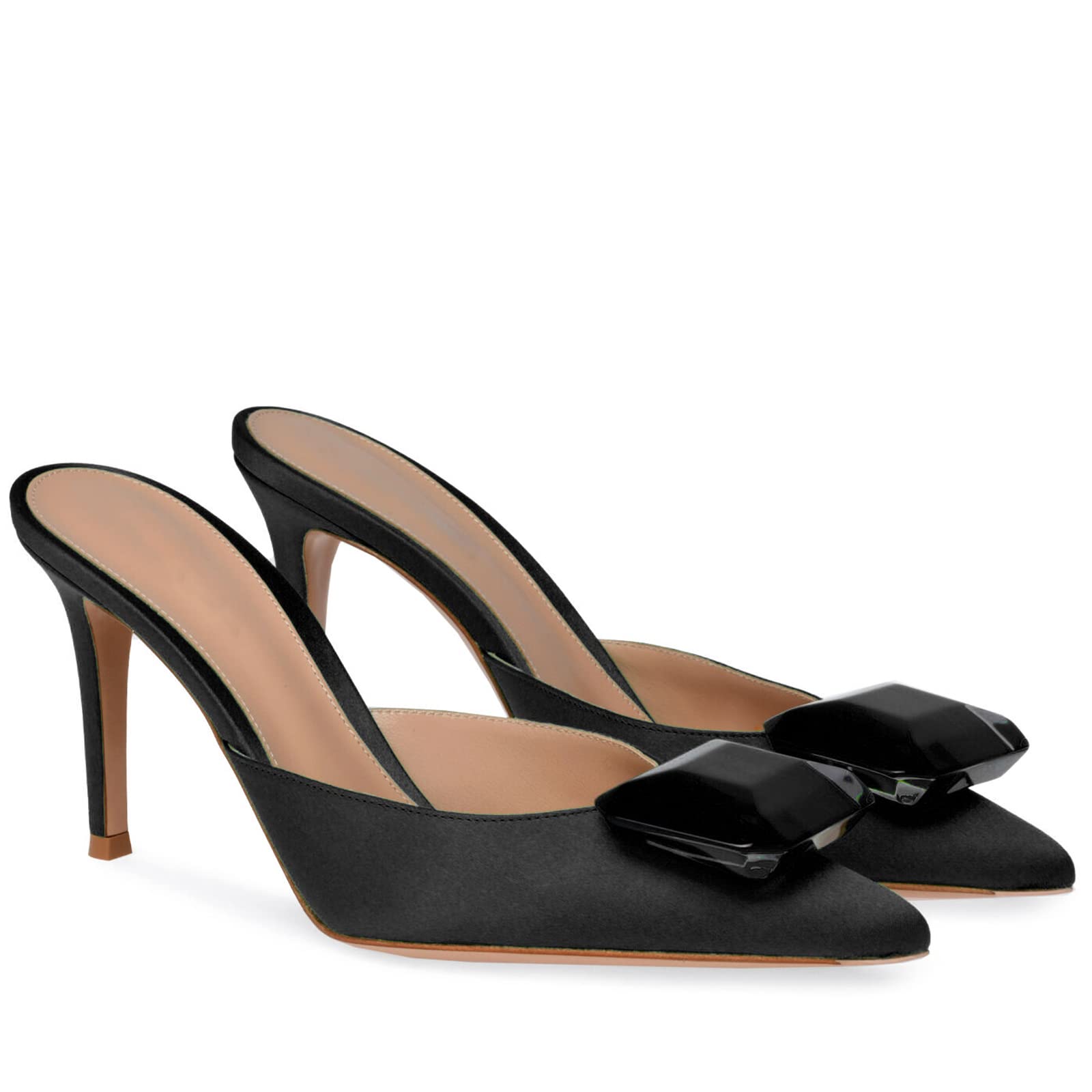 CarolieRossi Woman Heeled Mules Rhinestone Pointy Closed Toe Sandals Kitten High Heels Sandals Summer Slip on Mule Heels Bridal Dress Shoes