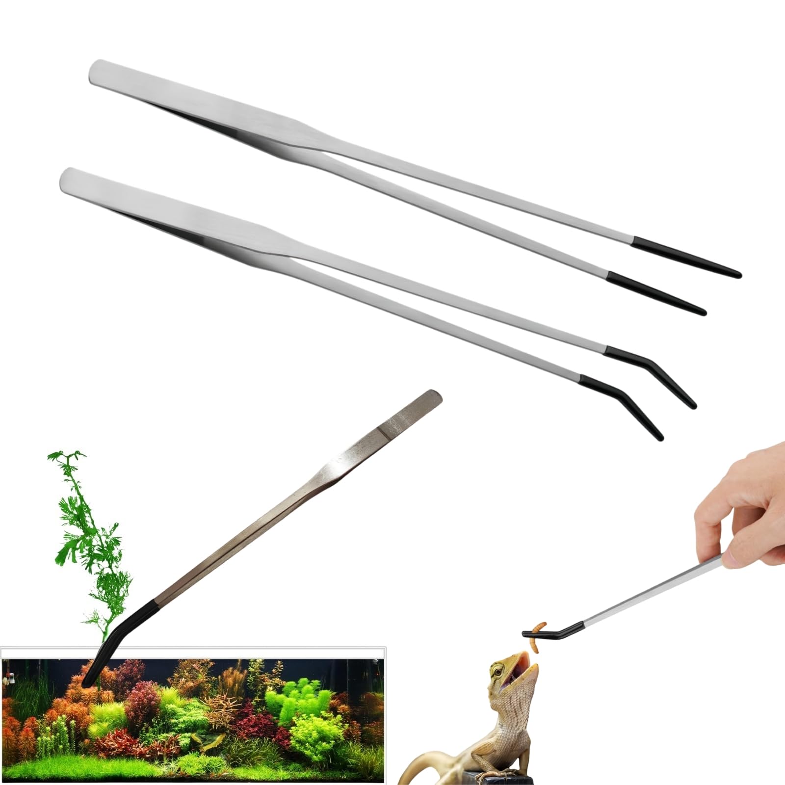 2PCS Long Aquarium Tweezers with Rubber Tip,10.6" Straight and Curved Tweezers Terrarium Aquascape Tools, Stainless Steel Reptile Feeding tongs-image-28