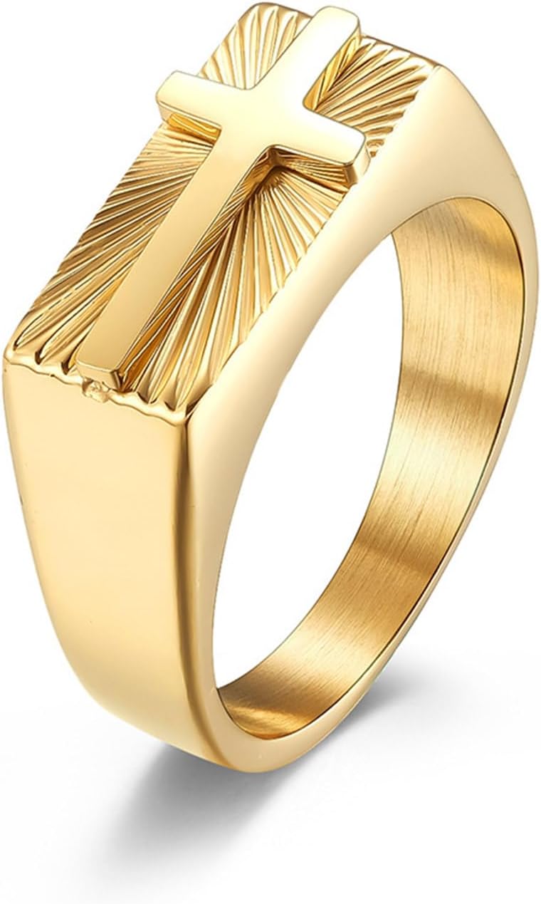 Gold/Silver Cross Signet Ring fo Men Women | 18k Gold Plated Stainless Steel Pinky Thumb Ring for Dad Father Jewelry Gift for Him | Men's Band for Boys | Size 7-12