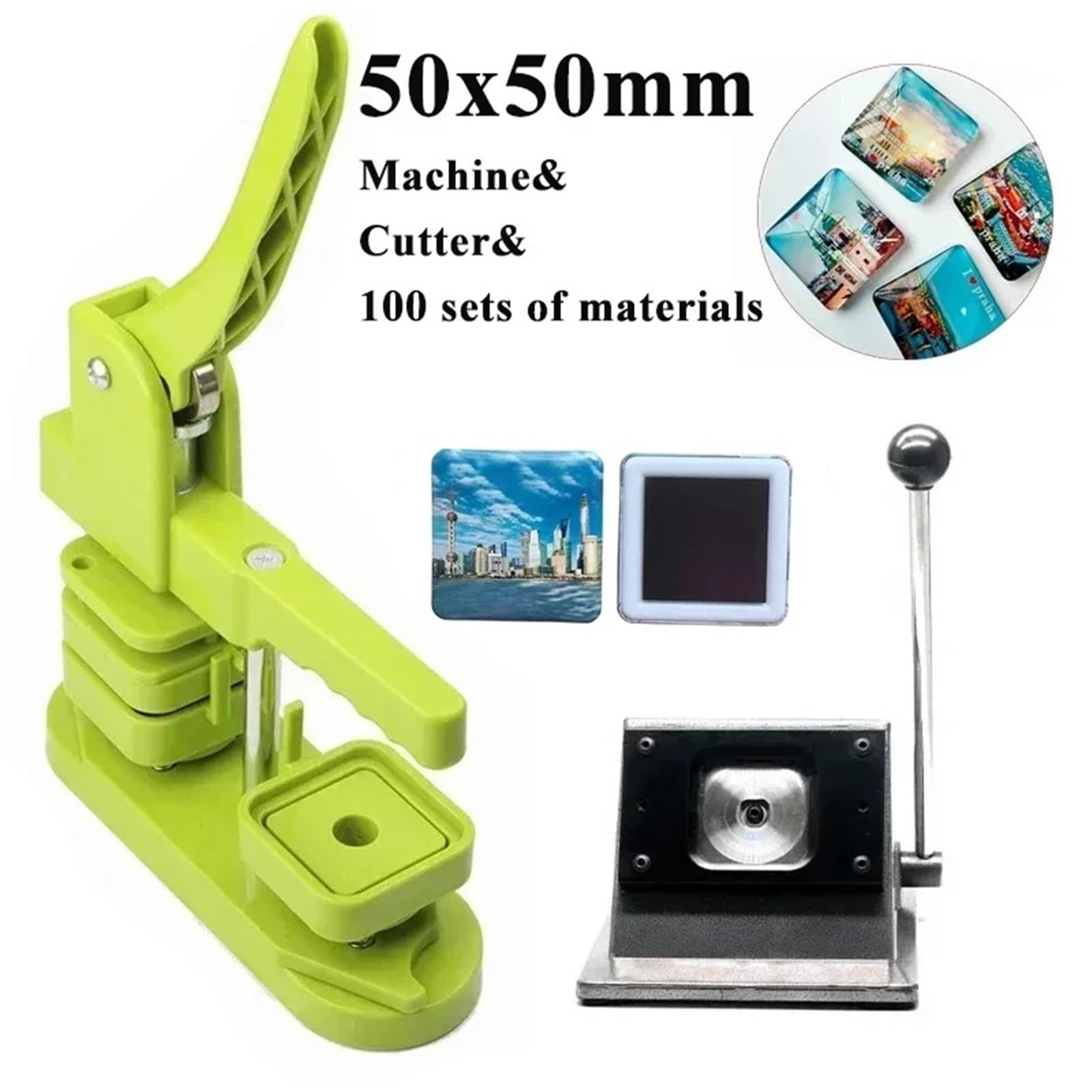 Badges Machine Zestaw maszyn do produkcji kwadratowych magnesów na lodówkę 50x50mm Maszyna i nóż oraz 100 zestawów materiałów eksploatacyjnych Photo Magnet Machine(Pink Set)