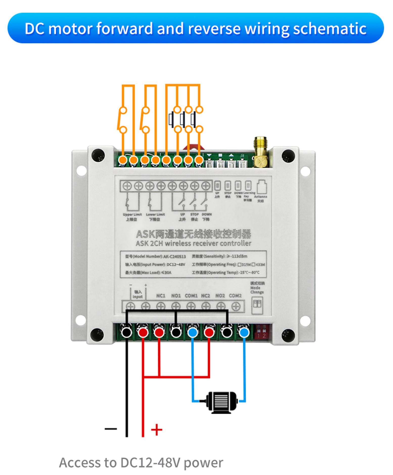 DC 12V 24V 30A linearantriebe Funkschalter mit 1 stück Fernbedienung Motor Fernschalter Hochleistungsschalter Vorwärts- und rückwärtsstopp-Controller Aufwärts und Abwärtsstopp manuelle Funktion