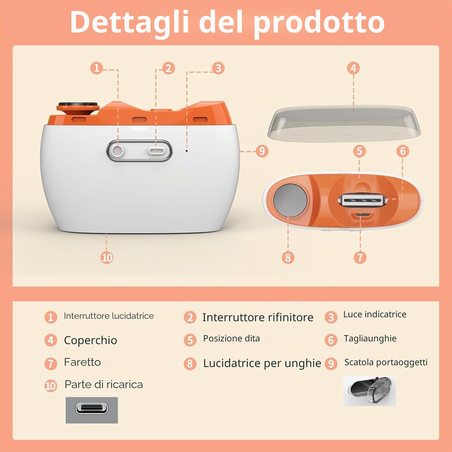 Tagliaunghie elettrico, 2 in 1, per unghie elettrico, ricaricabile tramite USB, con luce LED, adatto per neonati, bambini, adulti e anziani (arancione)