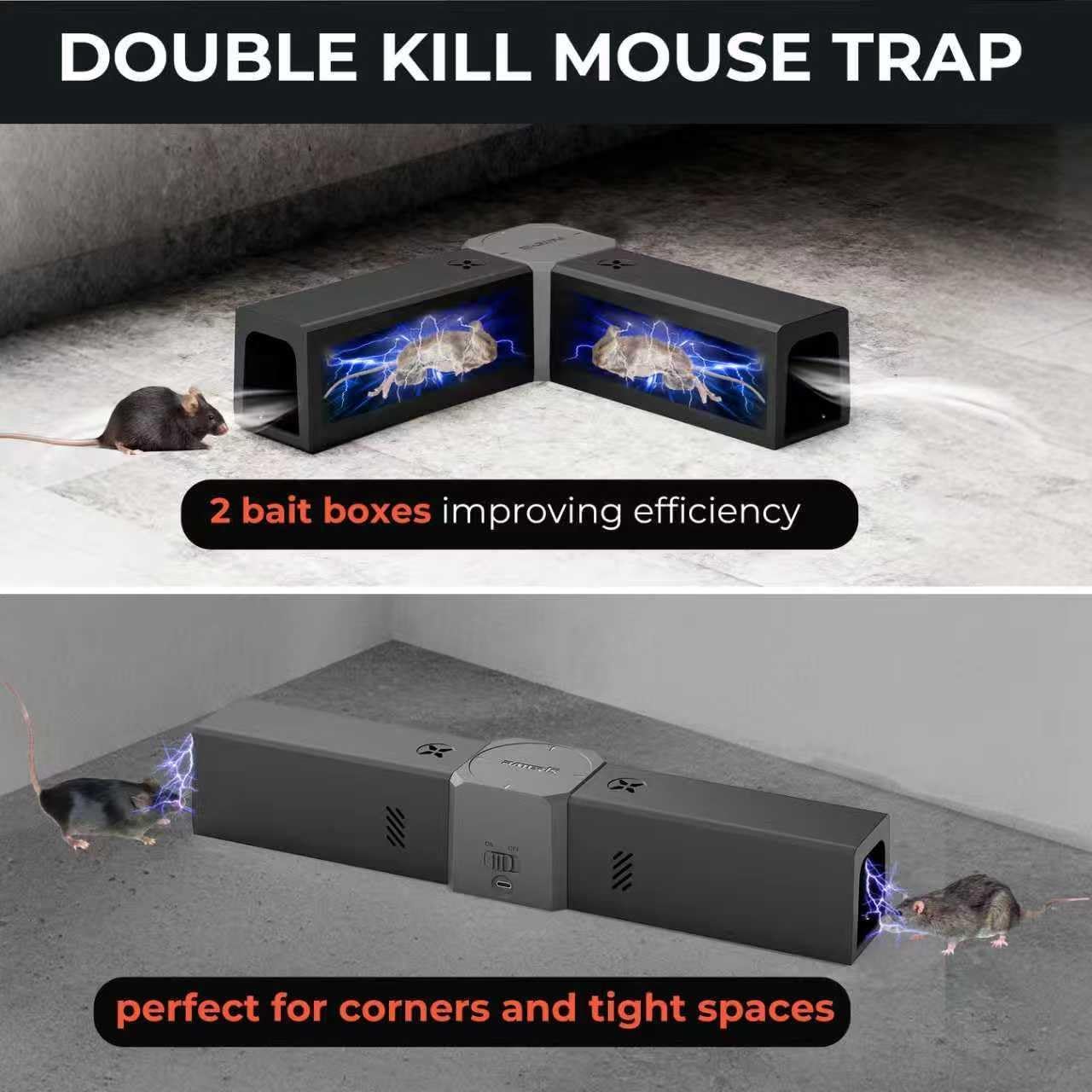 Trappola per Topi Elettrica 2000V con 2 Scomparti per Esca, Trappola Elettrica per Piccoli Topi Ricaricabile, Trappola per Topi da Interno con Indicatore LED, Riutilizzabile per Casa, Cucina e Garage