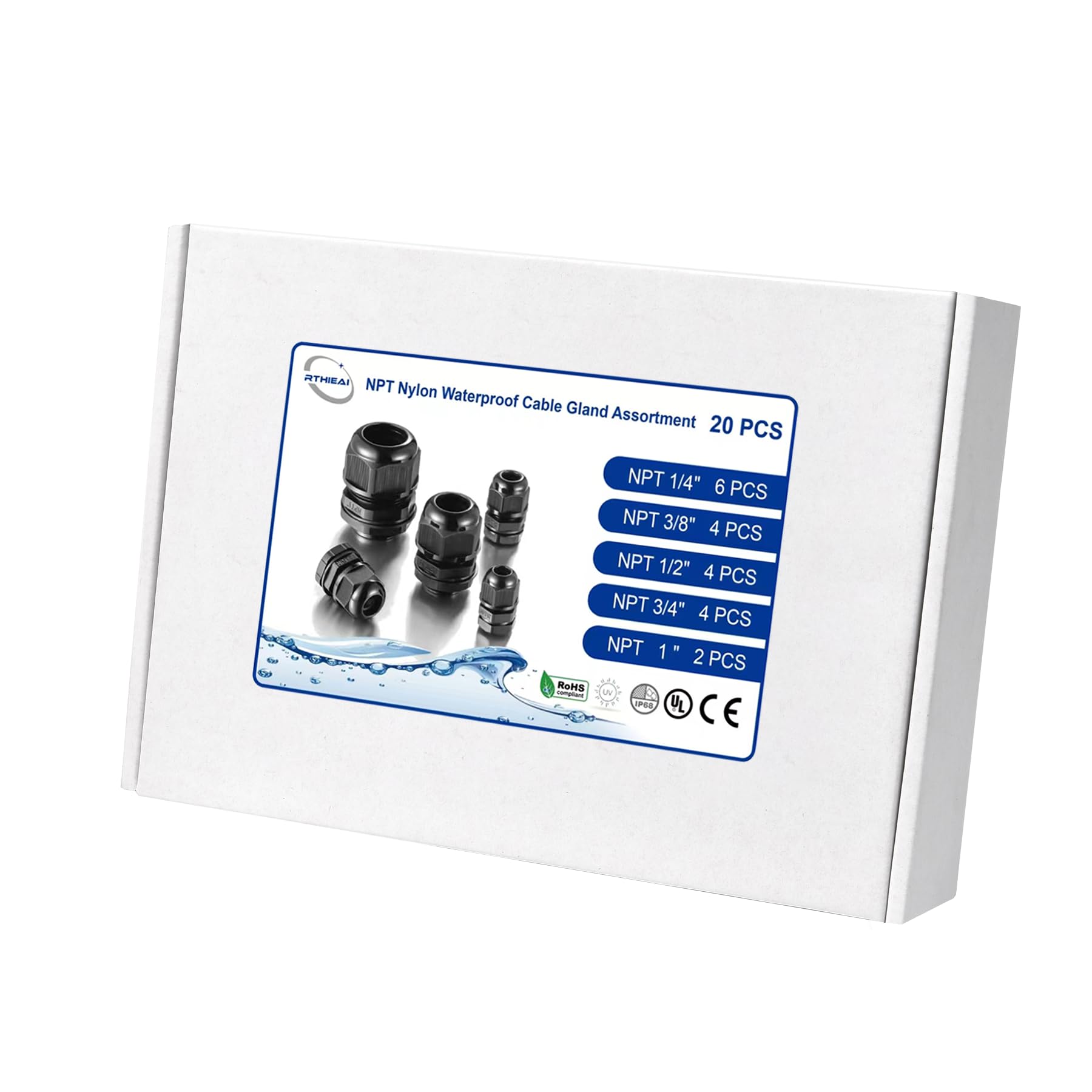 RTHIEAI Surtido de prensaestopas NPT impermeables IP68, 20 unidades, agarre de cable para cables de 1/4 pulgadas, 3/8 pulgadas, 1/2 pulgadas, 3/4 pulgadas, 1 pulgada, certificación UL y cumple con