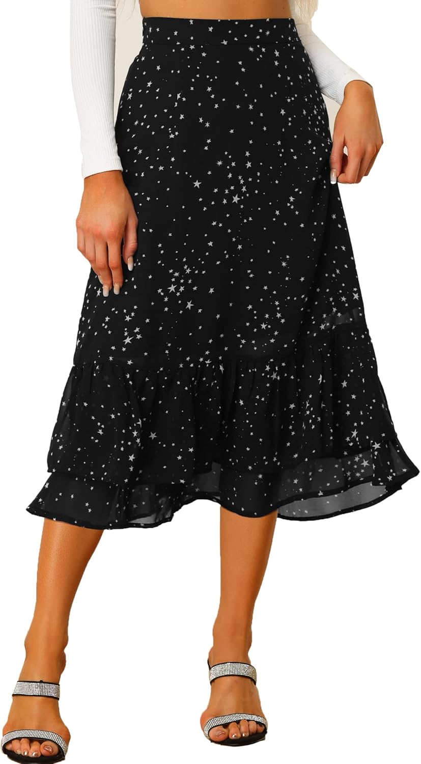 Allegra K Women's Printed Skirt 2025 Weekend Trendy Summer Chiffon Ruffle Tiered Flowy Midi Skirts