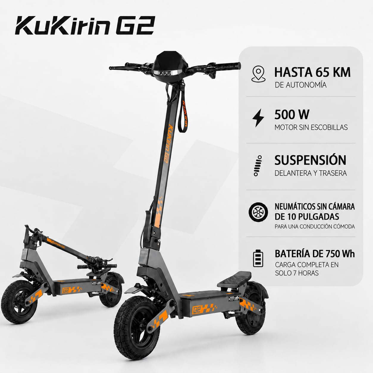 Kukirin G2 Patinete Eléctrico Adultos Todoterreno,Patin Electrico,Scooter Electrico Potente Plegable/Autonomía de 55 km/Ruedas de 10"/Carga máxima 120kg/IP54/Doble Frenos de Disco,G2