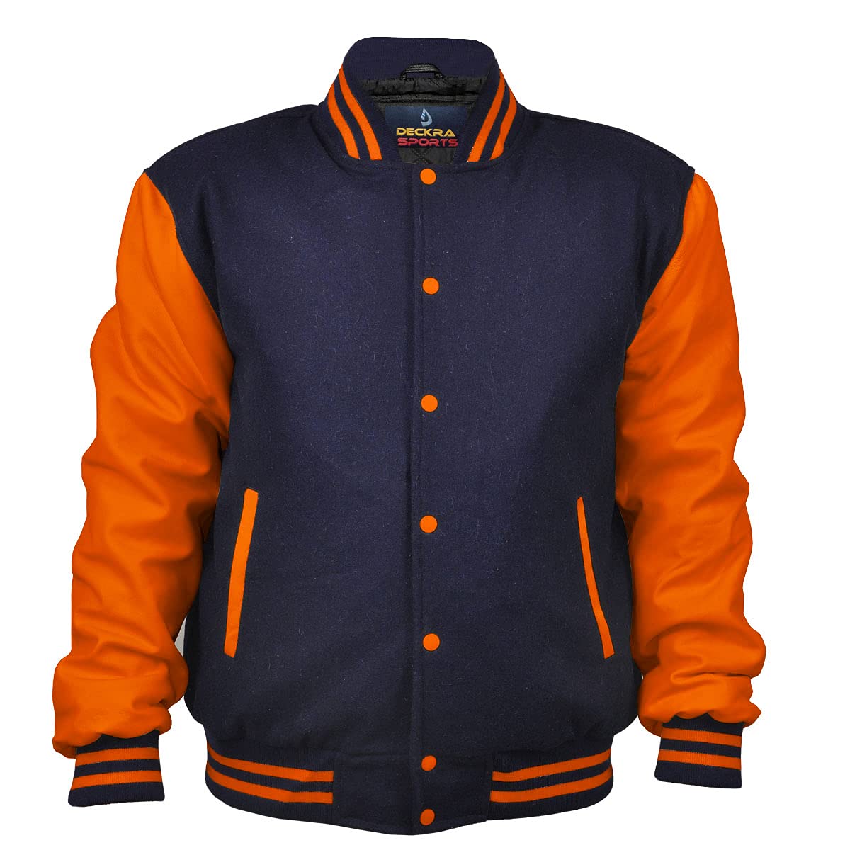 Deckra Men's Varsity Jacket Genuine Leather Sleeve and Wool Blend Letterman Boys College Varsity Jackets XXS-5XL
