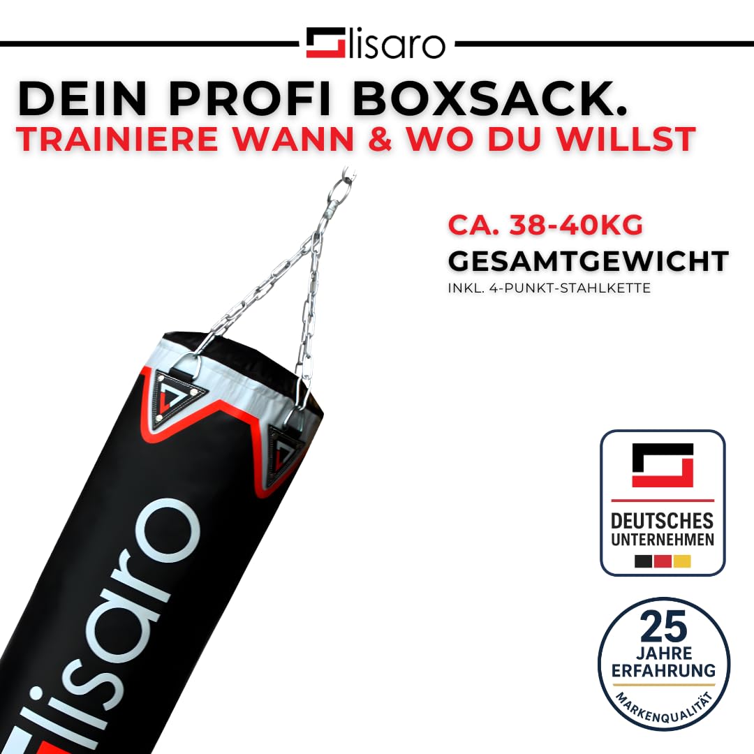 Lisaro Profi Boxsack/Sandsack 150cm | geeig. für Jede Sportart | Ca. 40 kg | gefüllt | inkl. Vierpunkt - Stahlkette | Material Kunstleder (Vinyl) | Studioqualität | Unbreakable