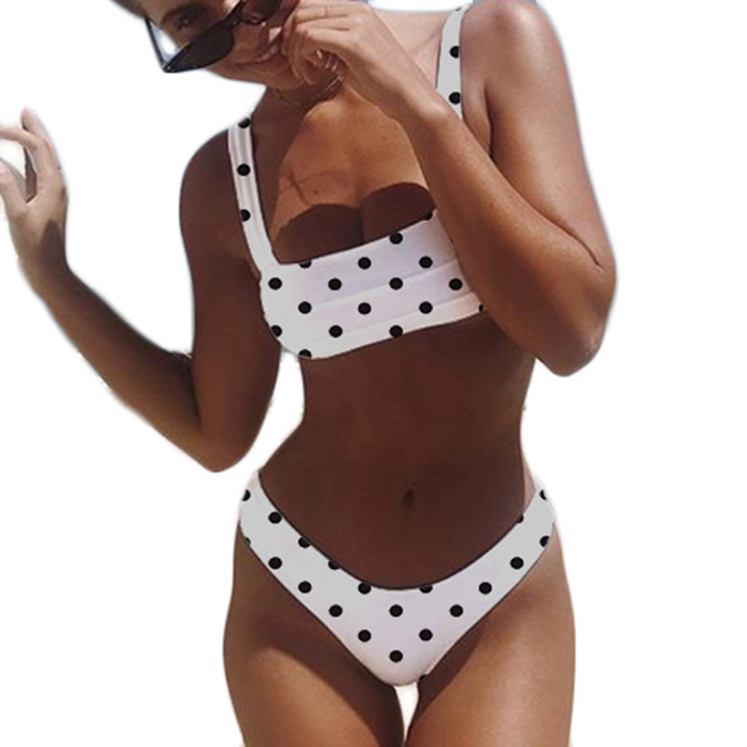 Women Strappy Polka Dots Print Two Piece Wrap Padding Bikini Set High Cut Thong Swimsuit Bathing Suit