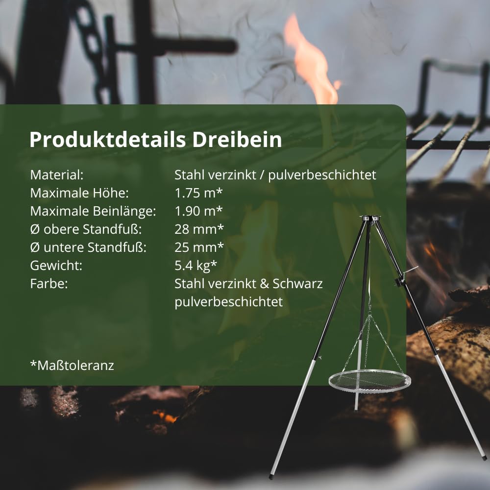 HeRo24 Dreibein Schwenkgrill Grillgestell mit Kurbel inklusive Grillrost 70 cm verchromt mit Tragetasche höhenverstellbar für Feuerstelle Garten und Camping.