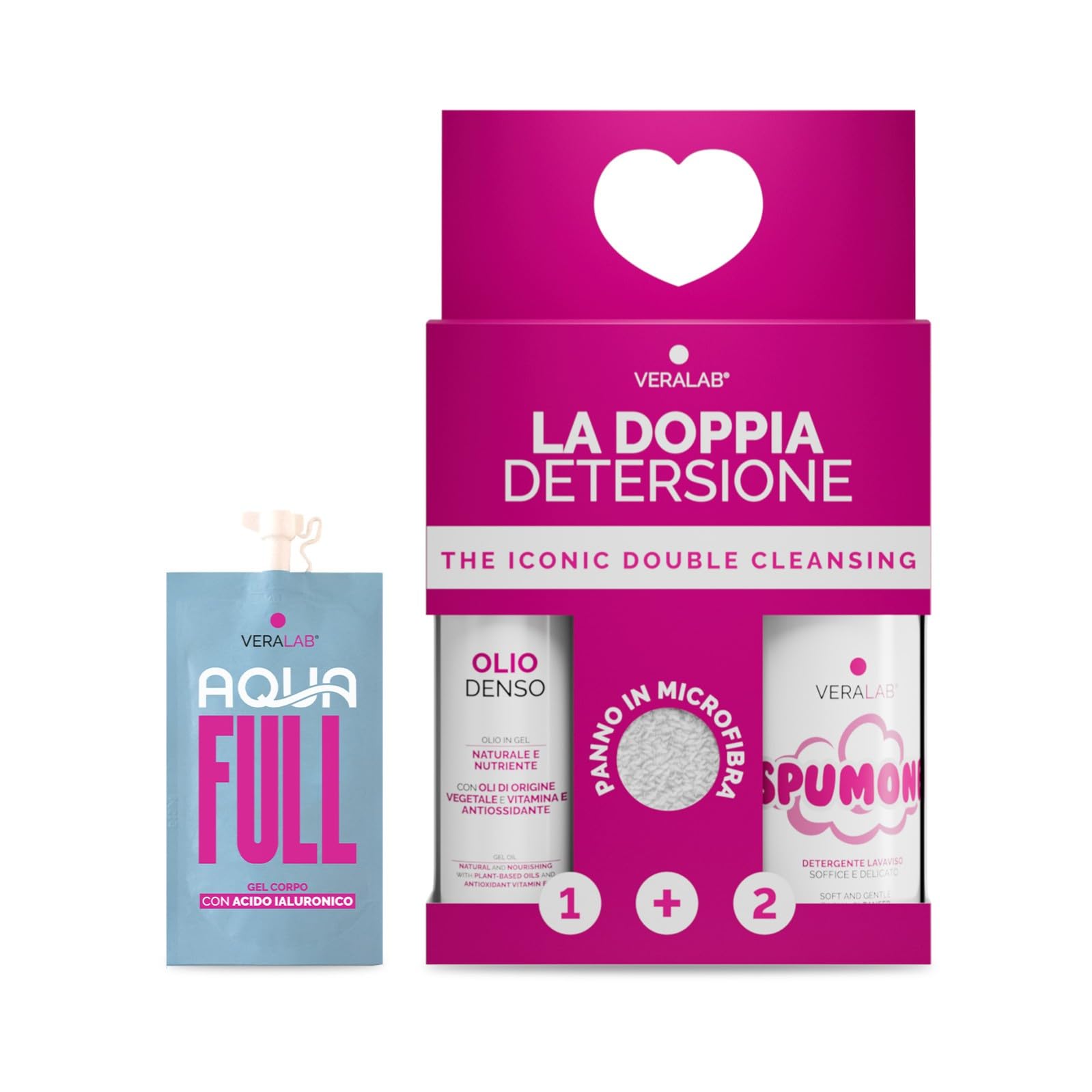 Veralab Kit Doppia Detersione, Olio Denso 80ml + Spumone 100ml + Panno in Microfibra per Detersione e Microesfoliazione, Travel-Friendly