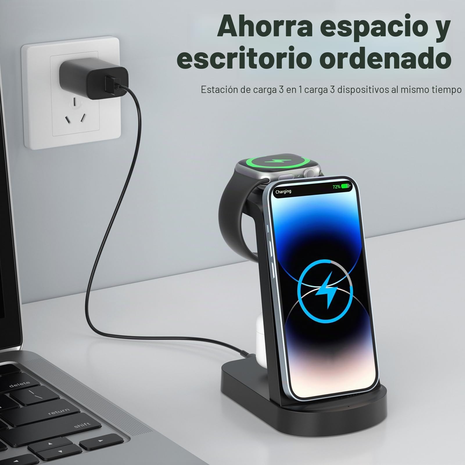 Cargador inalambrico,INNISTO Cargador inalambrico con 18W Adaptador,estacion de Carga Compatible con iPhone 17/16/15/14/13/12 Pro/Pro MAX,Apple Watch Ultra/10/9/8/7/SE/SE2/6/5/4 AirPods321/Pro1 Negro