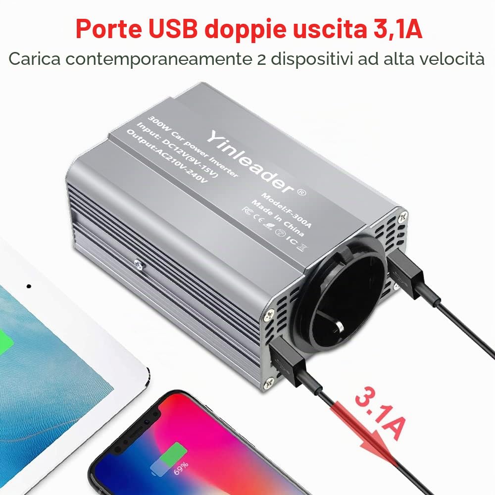 Yinleader Inverter da 12V a 230V 300W 1 presa UE 2 USB Convertitore di tensione per auto