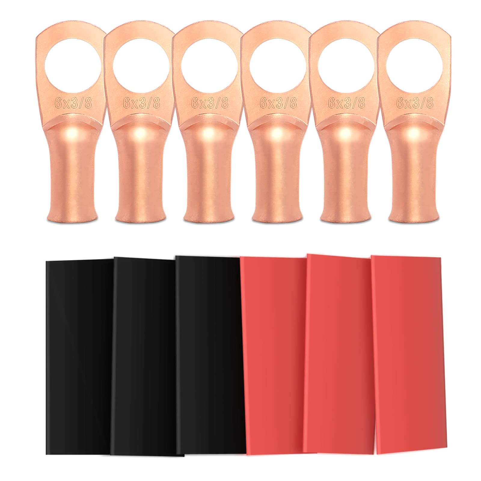 6pcs 6 Awg - 3/8" (M10) Sanuke Wire Lugs Ring Terminal Connectors Ends Heavy Duty for Battery Cable Lug Wire Electrical Eyelets with 3:1 Dual Wall Adhesive Heat Shrink