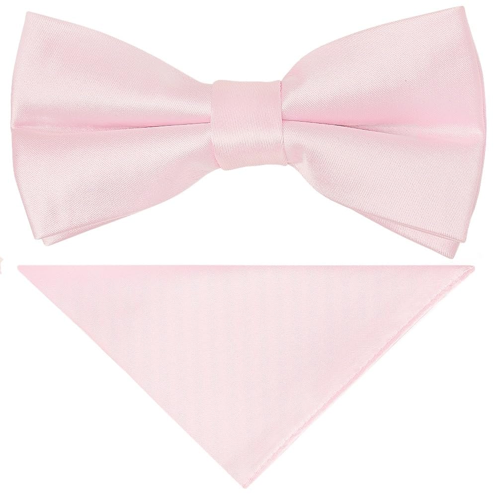 TIES R US Pre Tied Blush Pink Satin Boys Bow Tie and Pocket Square Set Dickie Bow Set