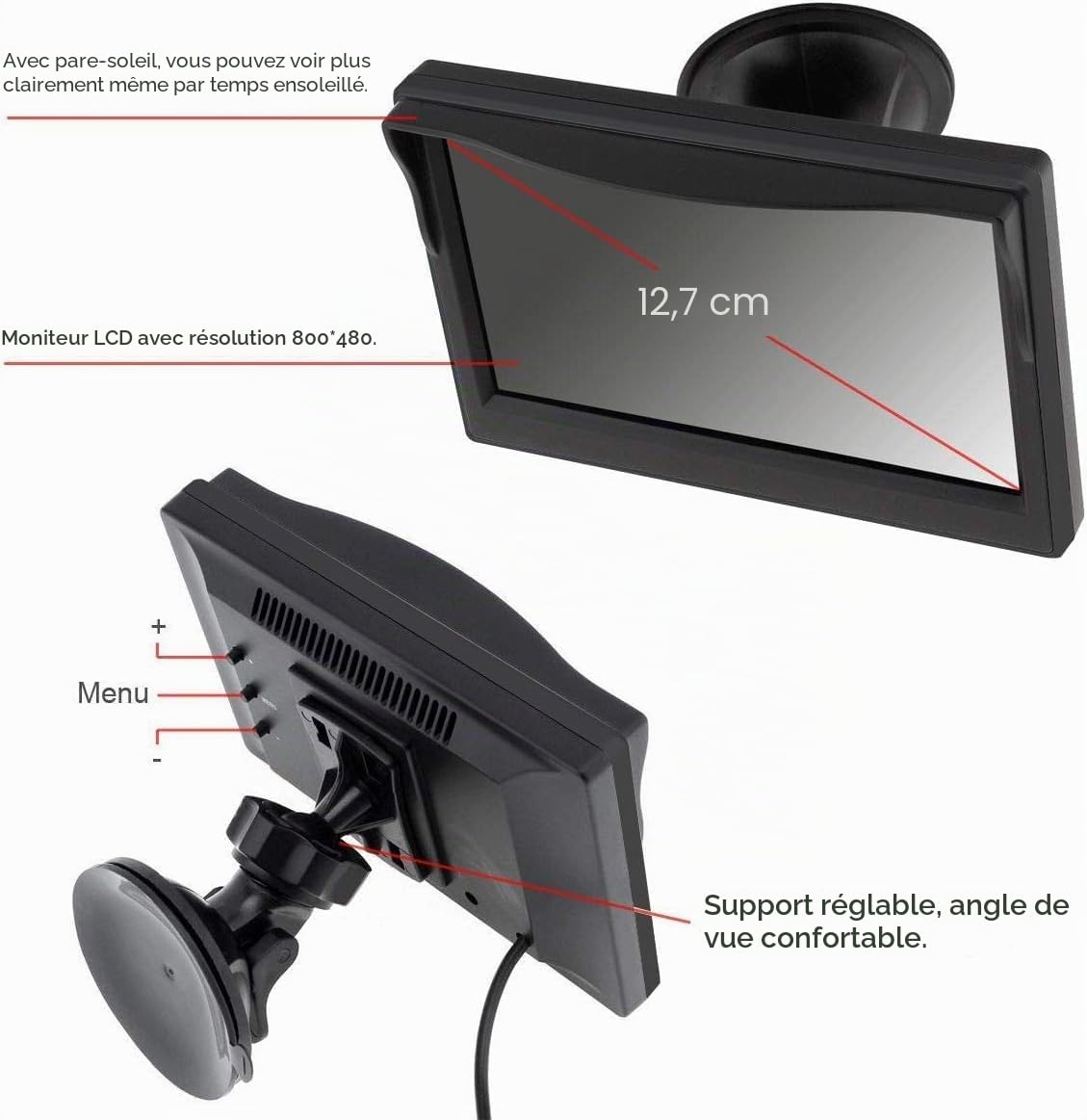 Caméra de recul 4 Broches pour Voiture Système d'aide au stationnement, 12 V-24 V 12,7 cm TFT LCD HD écran Couleur HD + 8 LED infrarouges Vision Nocturne étanche Caméra de recul de Marche arrière