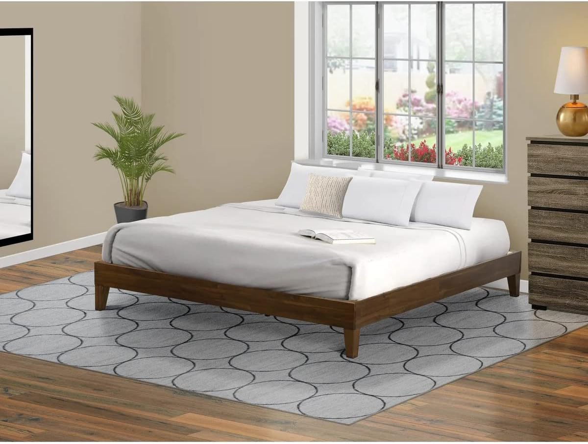 East West Furniture NVP-22-K King Size Platform Bed Frame with 4 Hardwood Legs and 2 Extra Center Legs - Walnut Finish