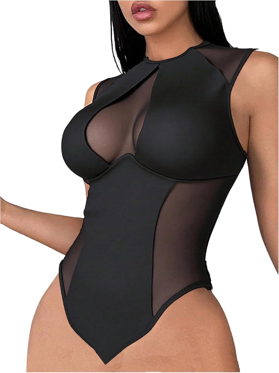 SOLY HUX Women's Mesh Bodysuit Sleeveless Crew Neck Sheer Bodysuits Fitted Going Out Tops