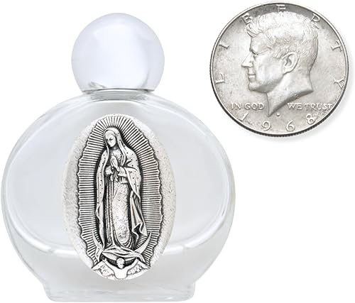 Miniatura 4 de Paquete de 2 botellas de agua Santa María de Guadalupe para viajes católicos (2 onzas), fabricada en Italia, vidrio, metal oxidado plateado