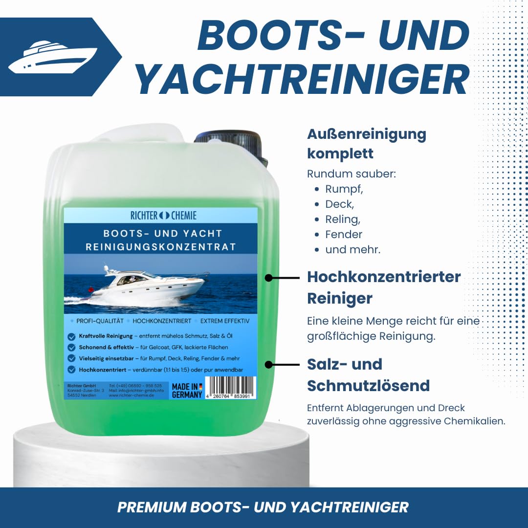 Richter Chemie Bootsreiniger Set XL – 5L Boot & Yacht Reiniger Konzentrat | inkl. Teleskop Waschbürste 240 cm, Drucksprüher, Mikrofasertuch & Schwamm, Außenreinigung für Boot, Yacht, Jetski, Wohnboot
