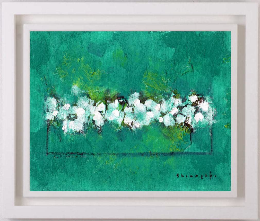 Amazon.co.jp: 篠崎晴夫 緑の背景の白い花 花 絵画 静物画 抽象画