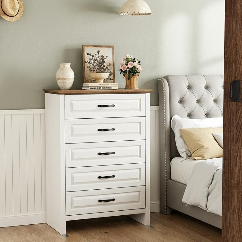 Marsail Farmhouse 5 Drawer Dresser, Wood Chest of Drawers with Natural Texture, Smooth Gliding Drawers, Versatile Storage Organizer Cabinet for Bedroom & Living Room, White and Brown - Image 9
