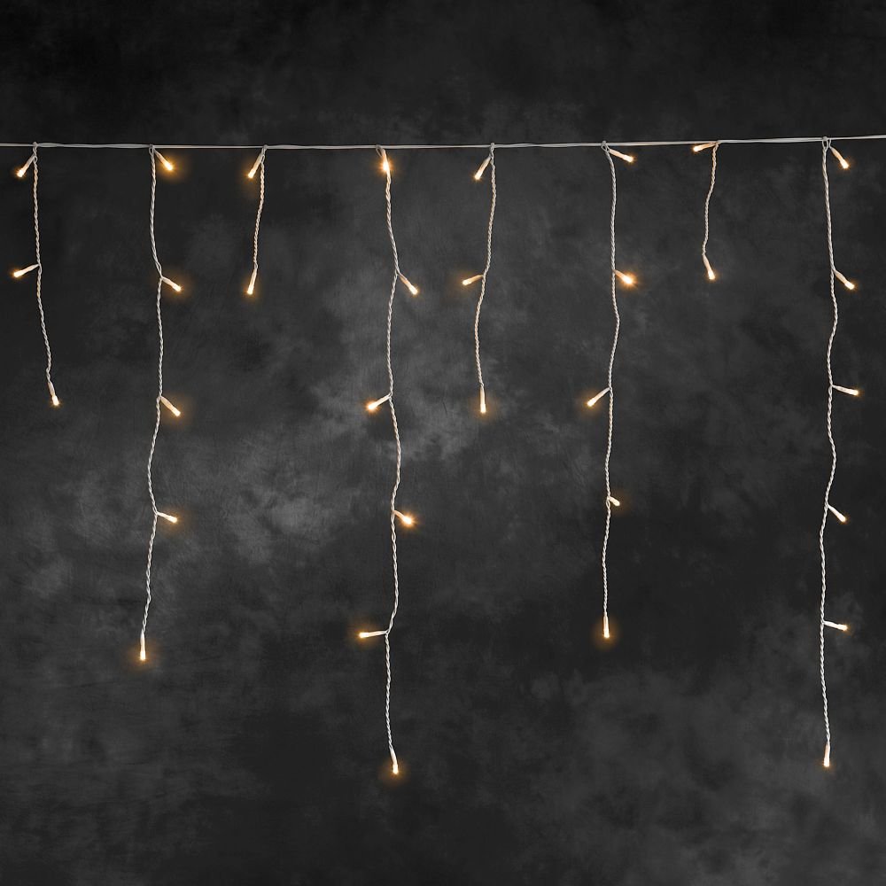 Konstsmide 2733 – 802/Tenda di luci led di pioggia ghiacciata per esterno (IP44)/200 bernsteinfarbene diodi/24 V Trasformatore da esterno/cavo bianco