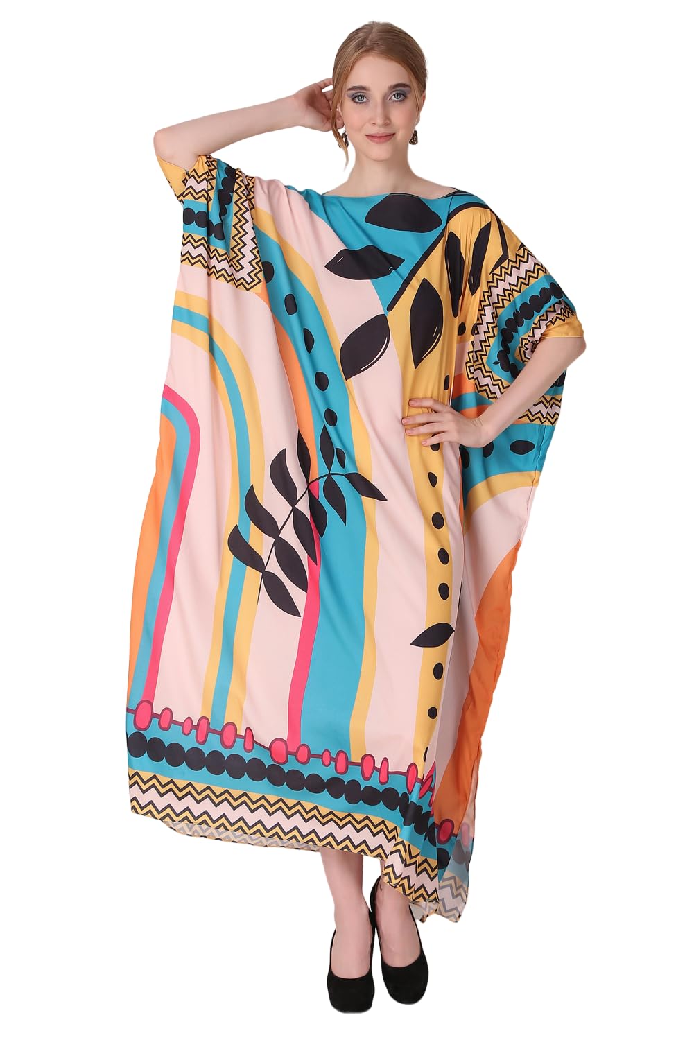 Abstract Digital Printed Crepe Maxi Length Kaftan Dress for Women Multicolor Freesize-image-25
