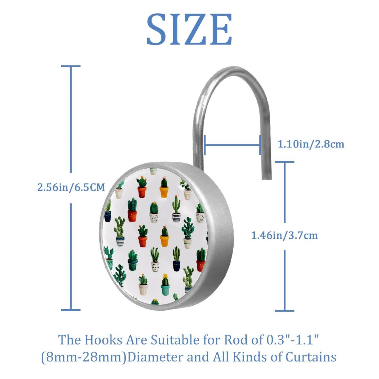 12pcs Glass Shower Curtain Hooks, Rust Resistant Decorative Shower Rings for Bathroom Living Room,Stainless Steel Hooks for Shower Curtain and Liner Rods (Mini Cactus Pattern)