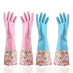 KINGFINGER Rubber Latex-Free Waterproof Dishwashing Gloves,2 Pair Medium Long Cuff Flock Lining Household Cleaning Gloves