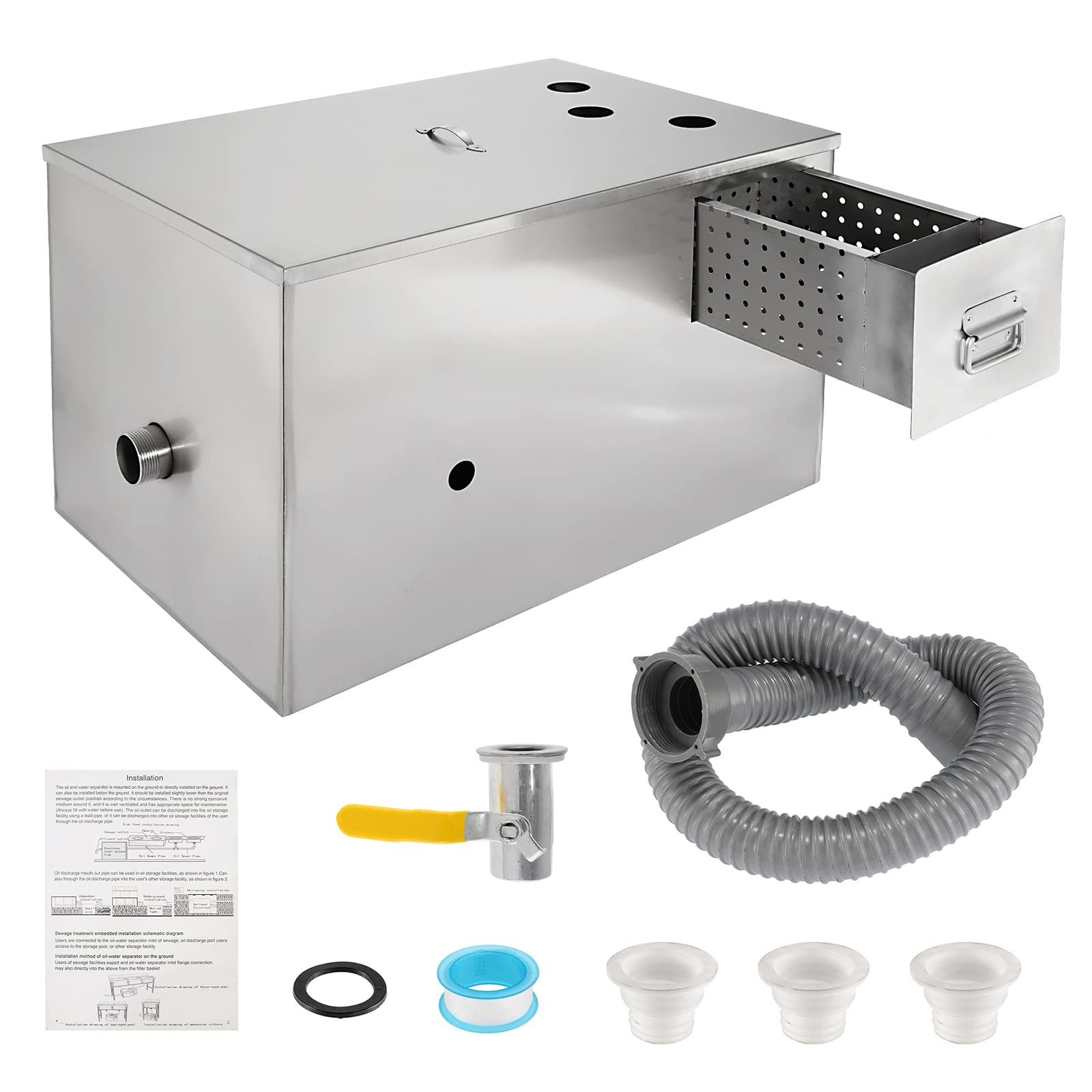 BEAMNOVA Upgraded Commercial Grease Trap 40lbs Stainless Steel Interceptor for Restaurant Home Kitchen Under Sink with 3 Water Inlets, Drawer Filter Basket