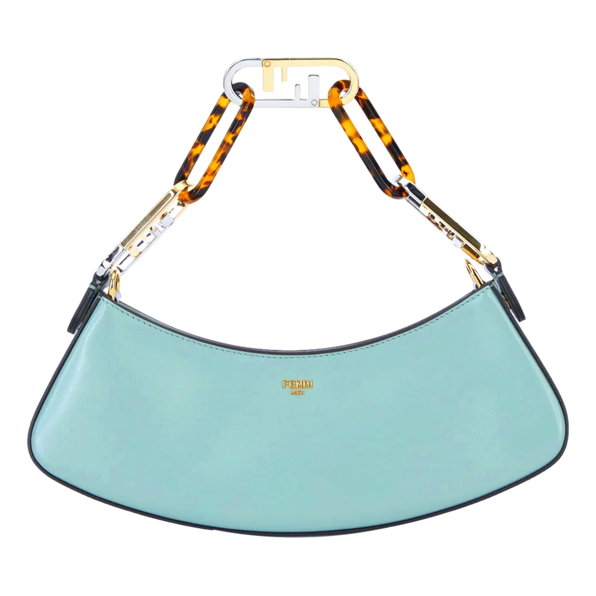 FENDI OLock Swing Turquoise Blue Calf Leather Small Hobo Shoulder Bag Designer Womens Luxury Purse with Gold-Tone Logo
