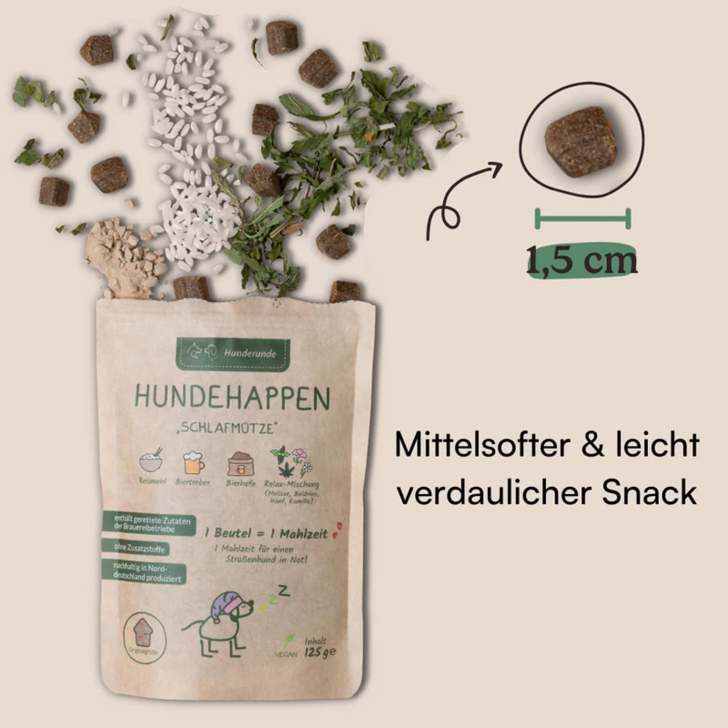 Hunderunde – Hundehappen Schlafmütze 9×125?g – vegane Hundeleckerli mit Hanf, Baldrian & Kamille – reich an B-Vitaminen – glutenfrei & beruhigend – ideal für Sensible Hunde – entspannende Hundesnacks