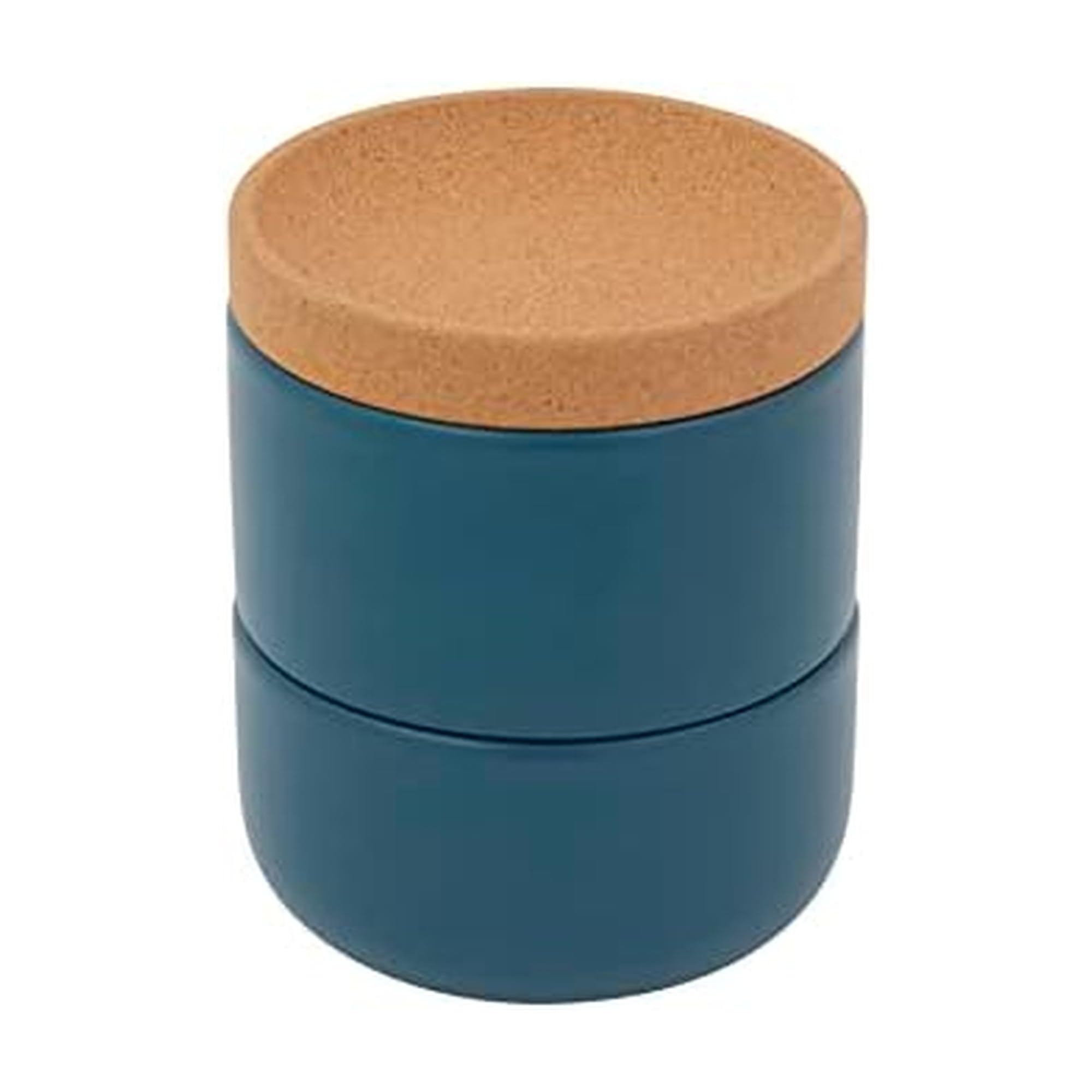 Ceramic and Cork 3 Piece Stackable Salt and Pepper Cellar For Countertop Space Saving, Easy Lift Lid to Retain Freshness, Natural Cork and Teal Ceramic