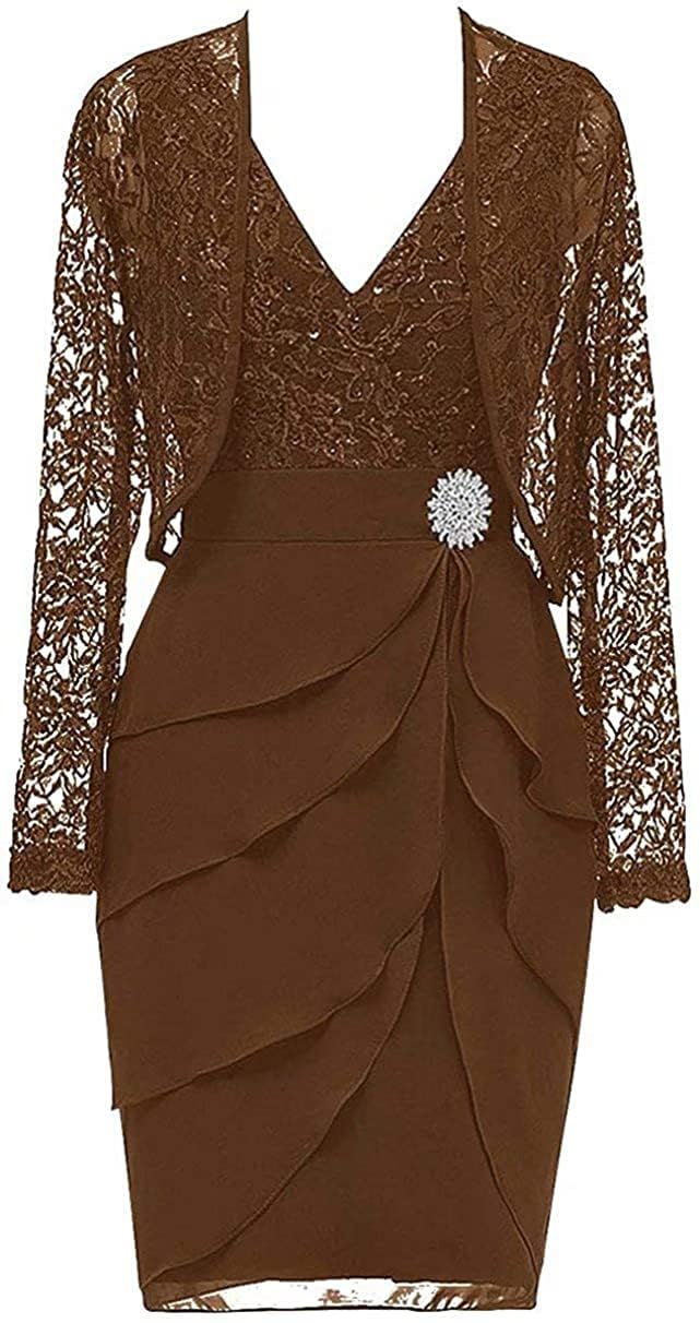 WSEYU Women's Mother of The Bride Groom Dresses with Jacket Lace Long Sleeve Evening Formal Prom Gowns for Wedding ZM047Brown UK16