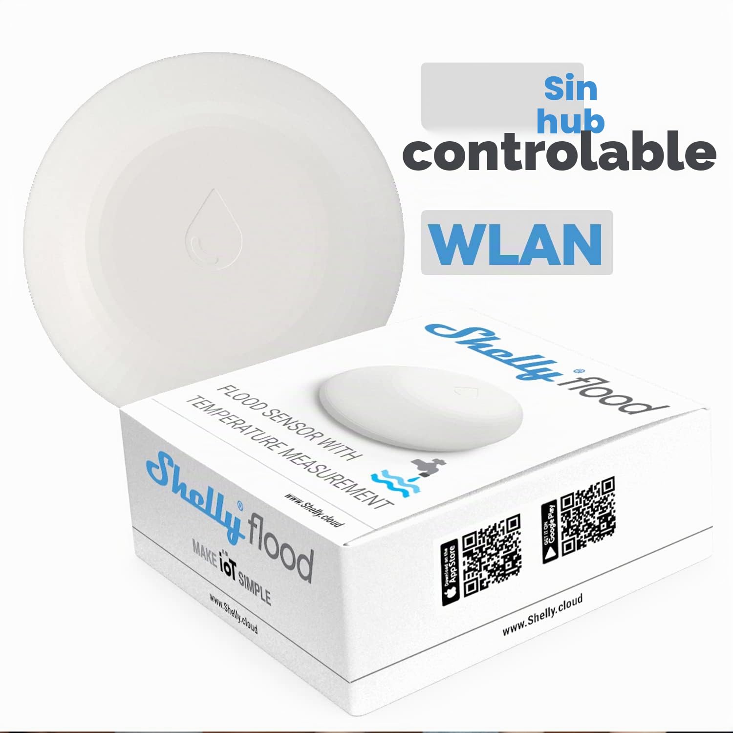 Shelly Flood - Detector de Fugas de Agua WiFi, Alarma de Sensor de Agua con notificación de aplicación en Tiempo Real, Sensor de Temperatura Integrado, Alcance 30-50 m